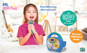 eKids Ms Rachel microphone close-up, wired mic for authentic karaoke.