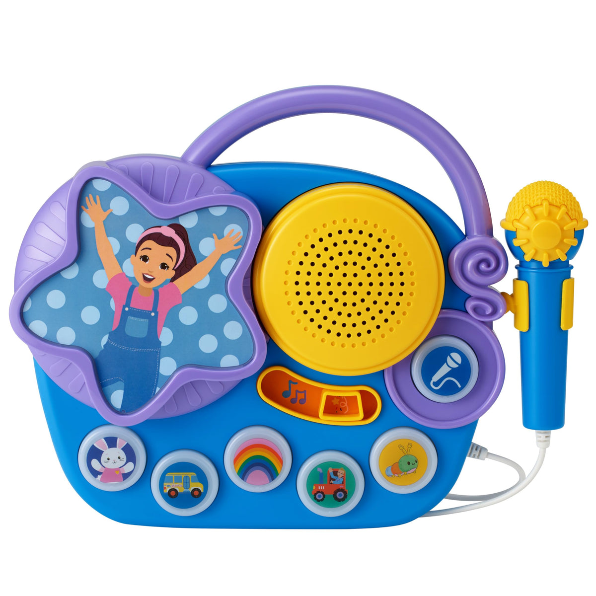 eKids Ms Rachel karaoke microphone with lights, ideal for kids' performances.