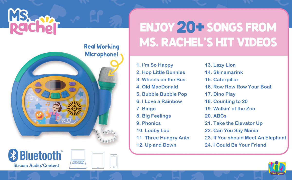 eKids Ms Rachel karaoke machine side view, compact for travel.