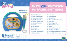 eKids Ms Rachel karaoke machine side view, compact for travel.