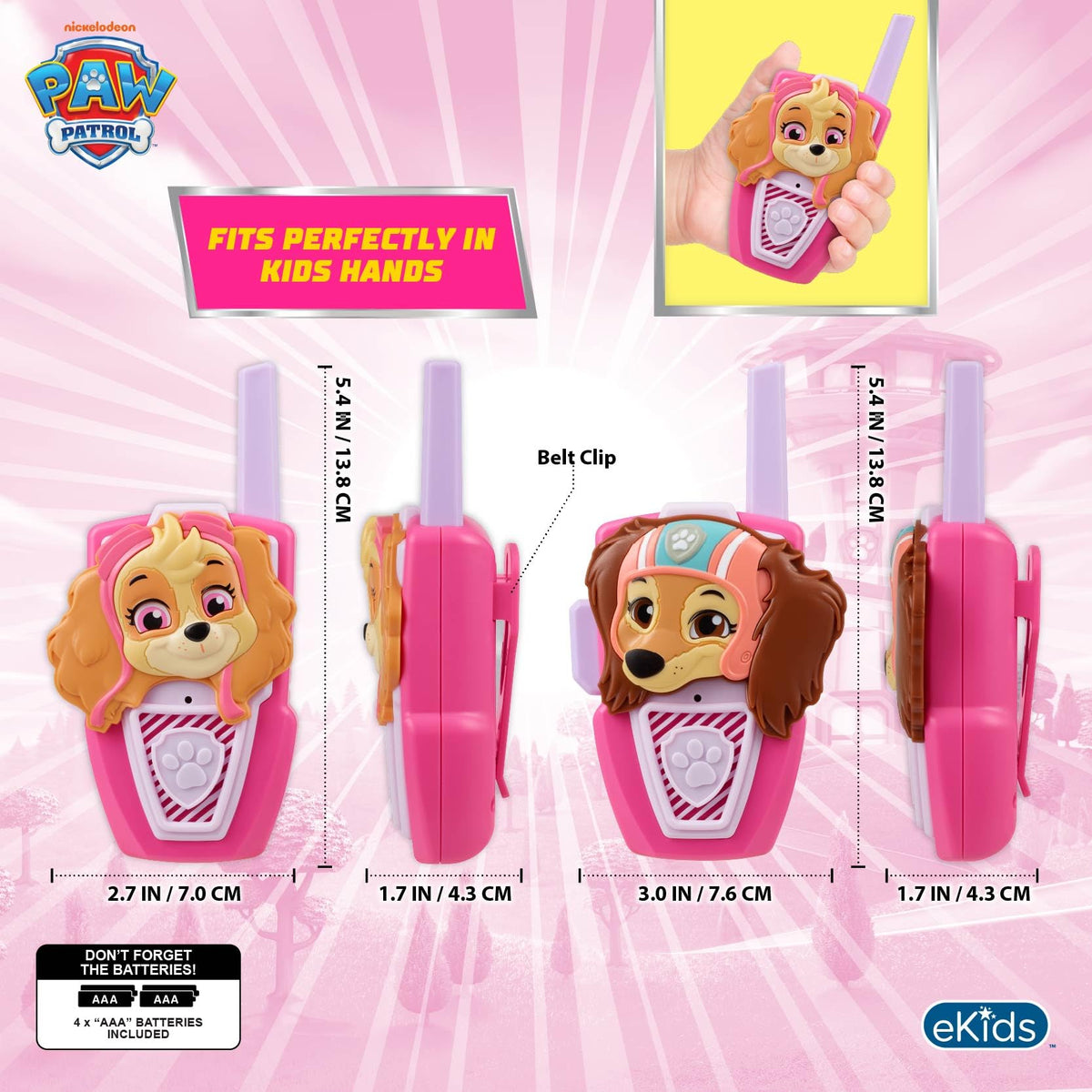 ekids Paw Patrol walkie talkie Liberty closeup shows durable construction