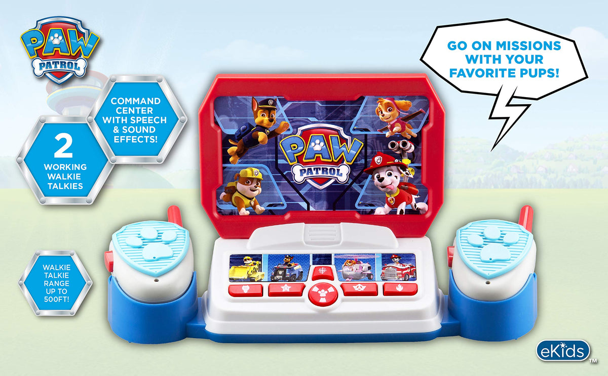 ekids Paw Patrol walkie talkie mission mode button enabling quick adventure triggers for kids.