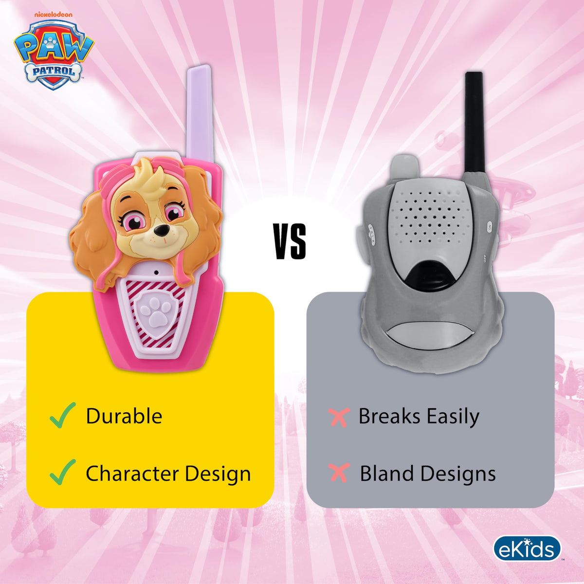 ekids Paw Patrol walkie talkie push-talk button highlights simple controls