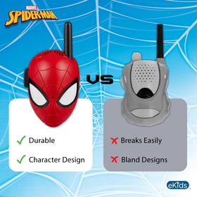 ekids Spiderman walkie talkie in a kid's hands outdoors