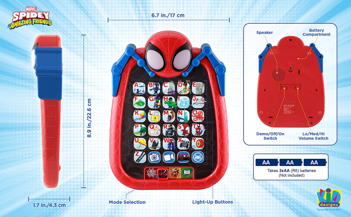 ekids Spidey tablet adventure mode guides themed learning adventures.