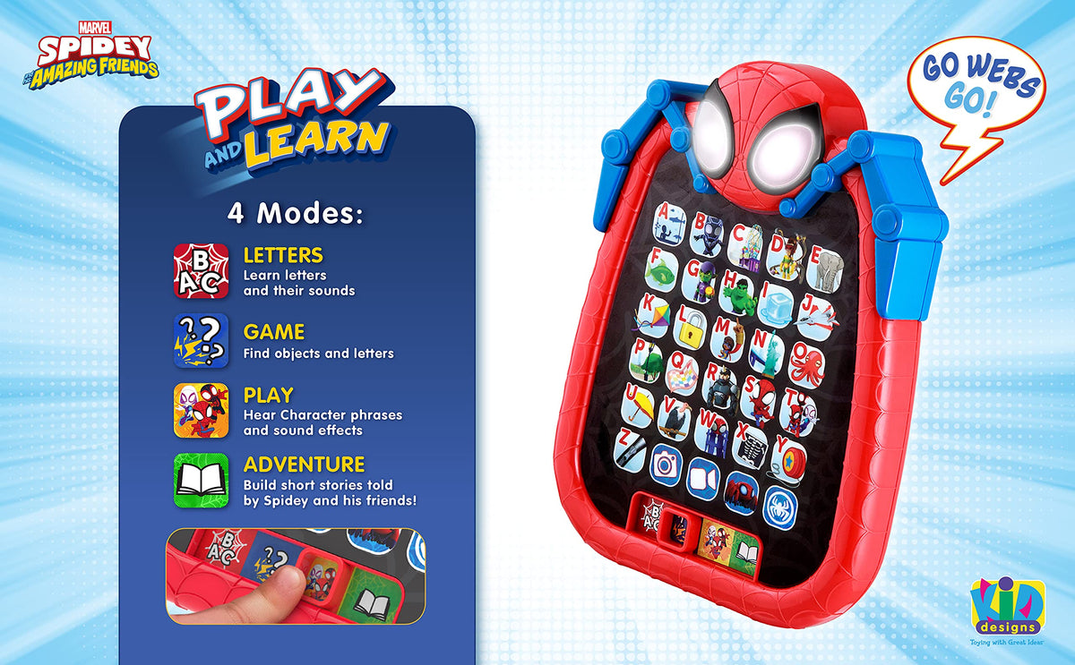 ekids Spidey tablet in game mode offers quick, child-friendly learning challenges.