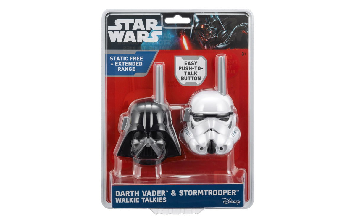 eKids Star Wars walkie talkies show extended range up to 500 feet for group play.