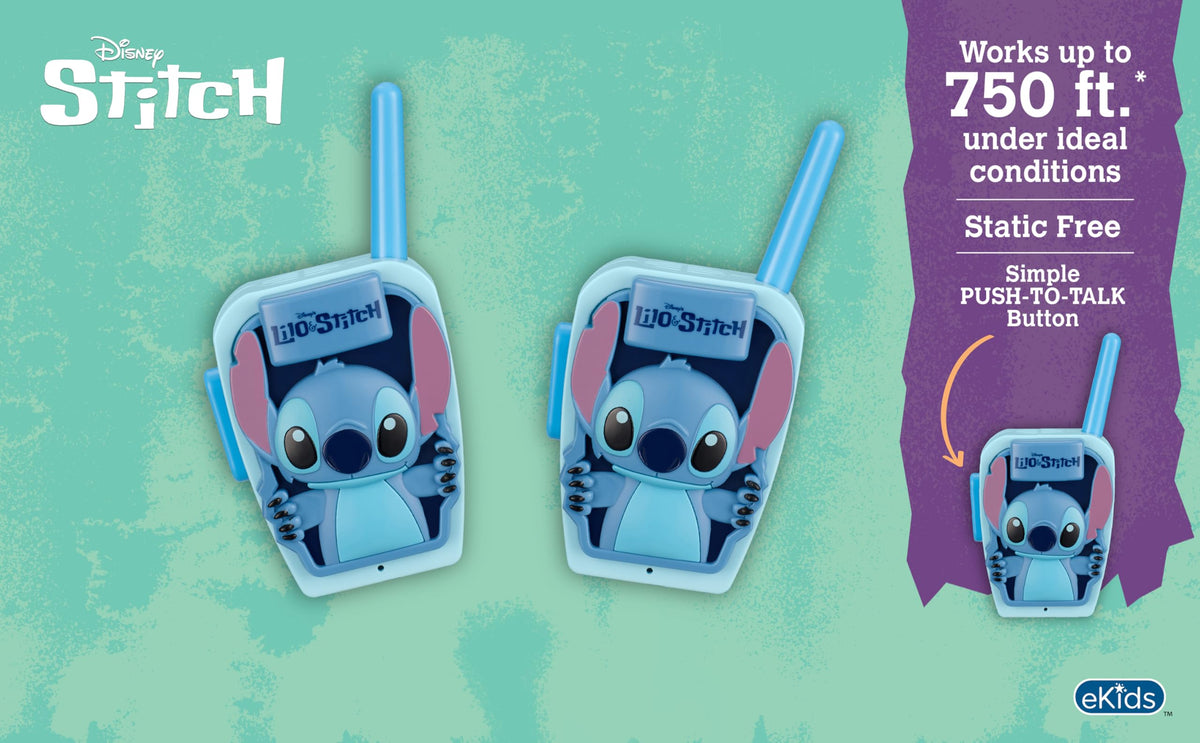 ekids Stitch walkie talkie back view showcasing durable, lightweight build
