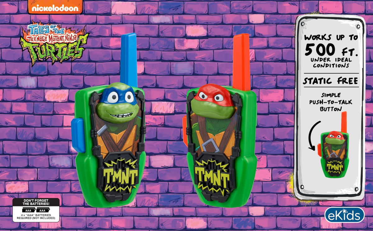 eKids TMNT walkie side view highlights sturdy, lightweight build for outdoor play.