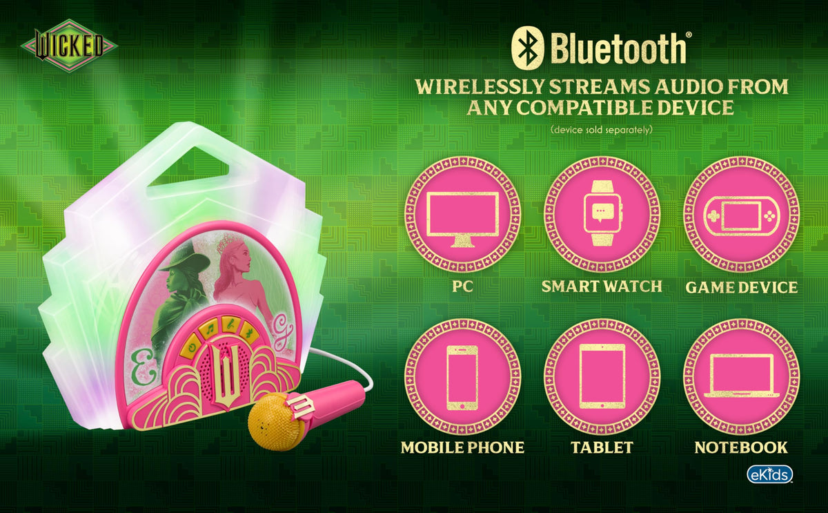 ekids Wicked karaoke bluetooth-pairing enables quick wireless music setup.