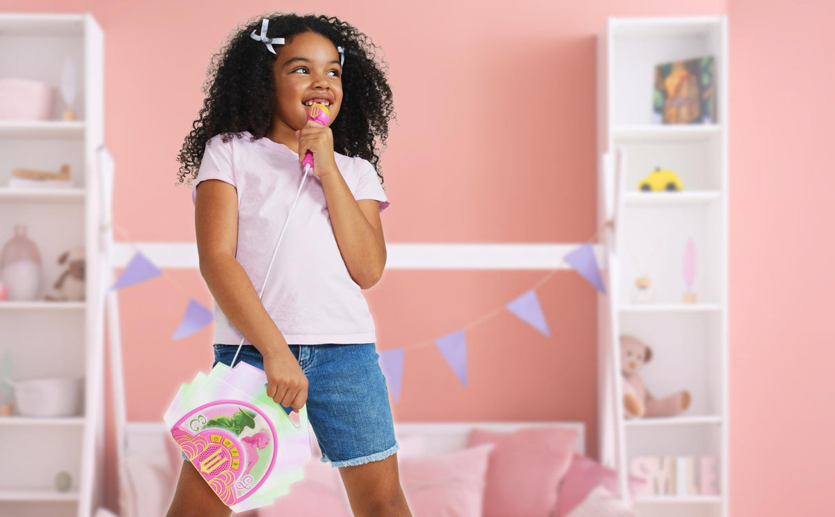 ekids Wicked karaoke microphone close-up shows kid-friendly mic for confident singing.