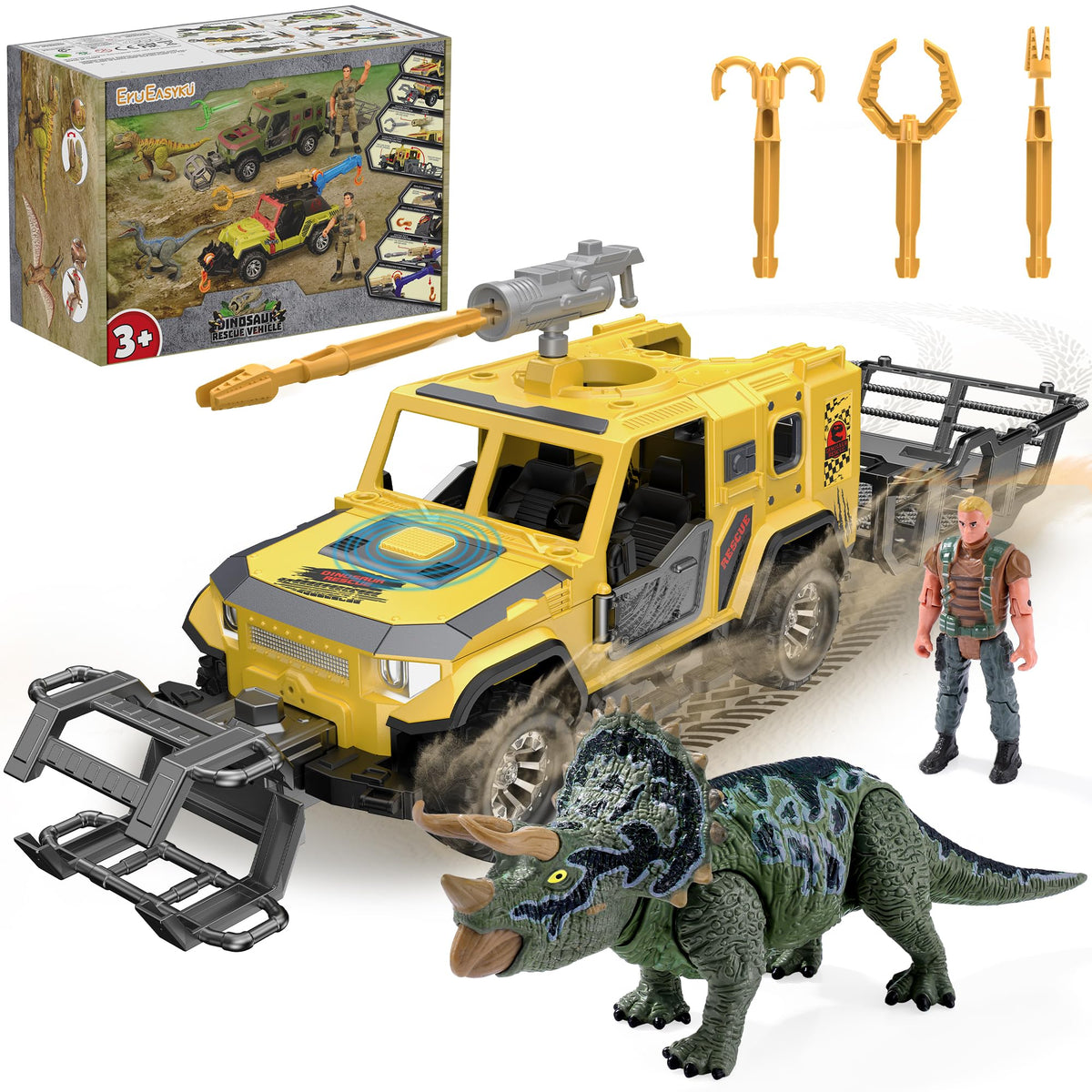 EKU Dinosaur Rescue Truck with human figure front view for immersive pretend play.
