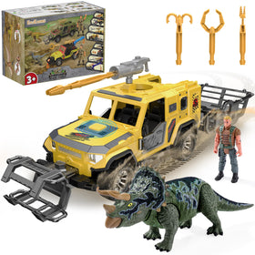 EKU Dinosaur Rescue Truck with human figure front view for immersive pretend play.