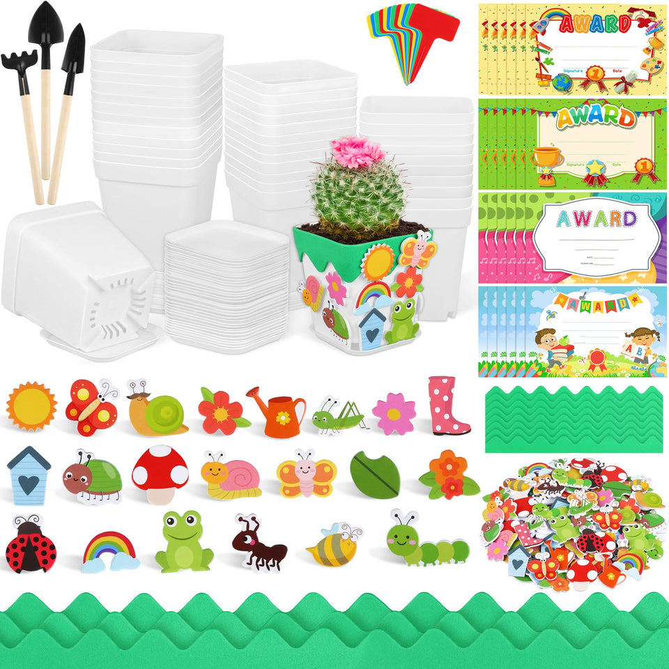 Elcoho 36-set garden pot kit layout showing components for spring crafts, ideal for family projects