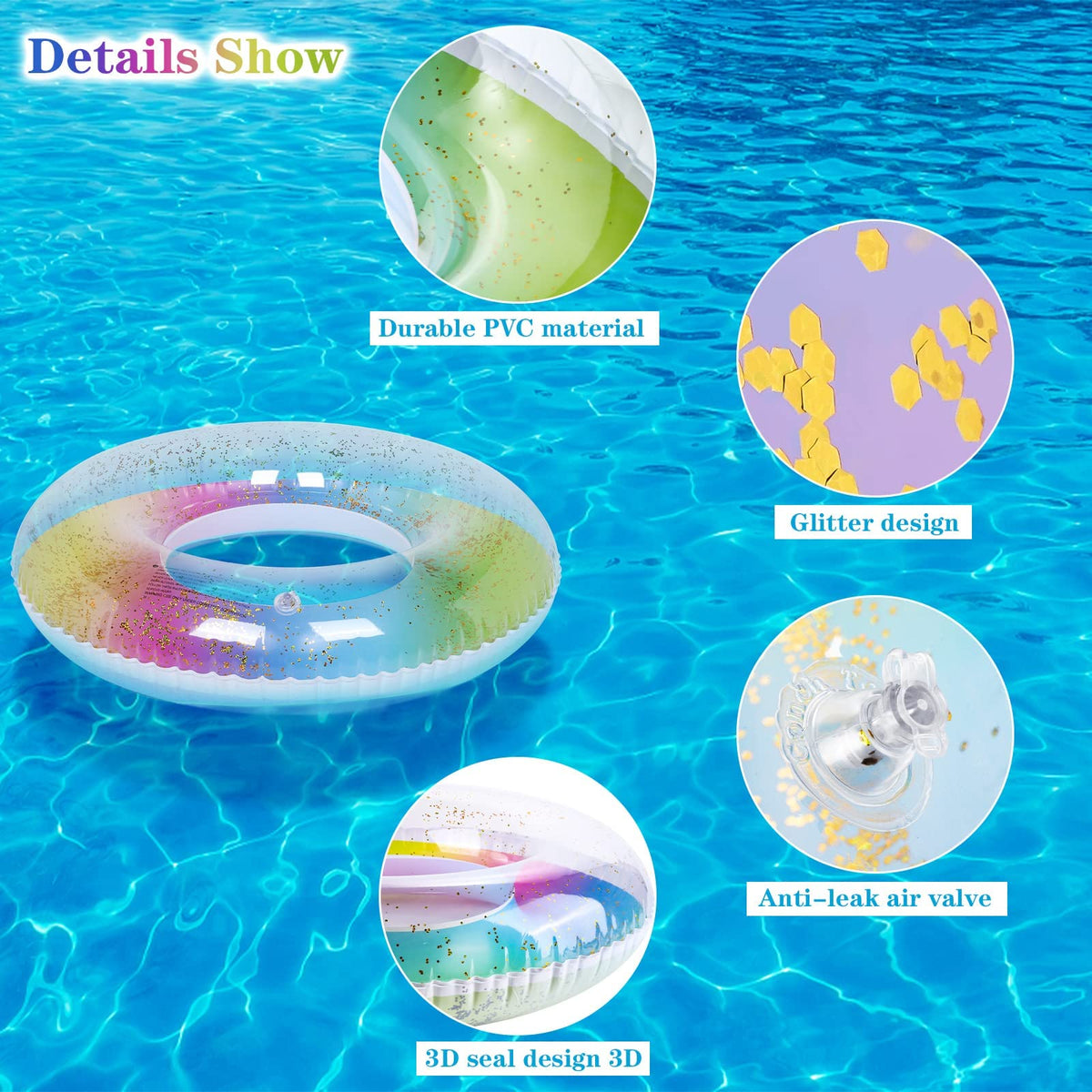 Elcoho glitter swim ring silver shines at pool parties.