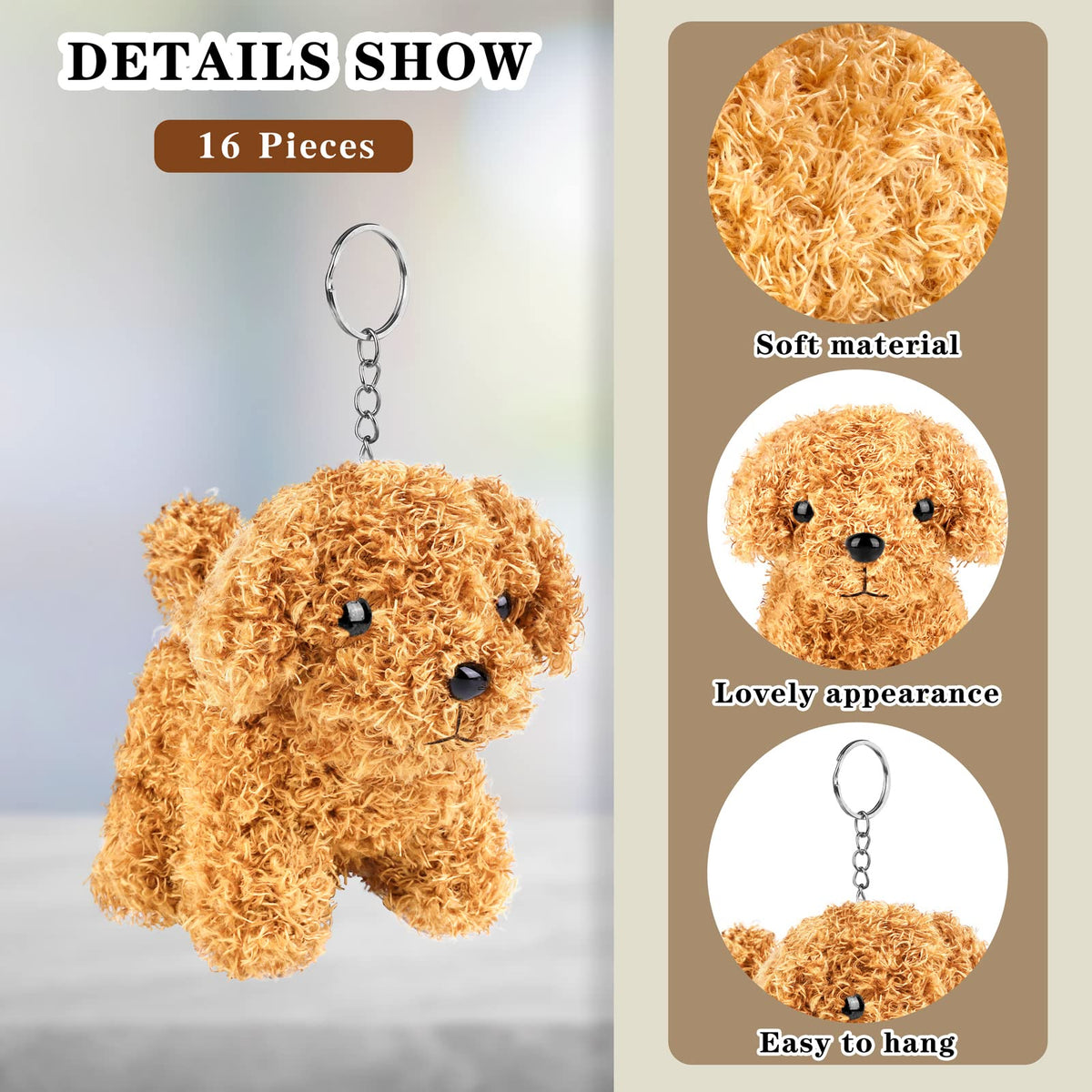 Elcoho dark brown mini plush dog with keychain—perfect party favor or gift.