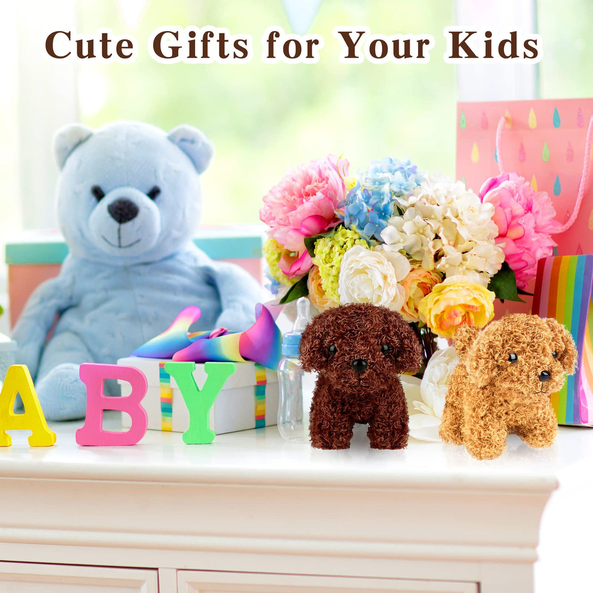 Elcoho mini plush dog four colors set with keychains—great for party favors.