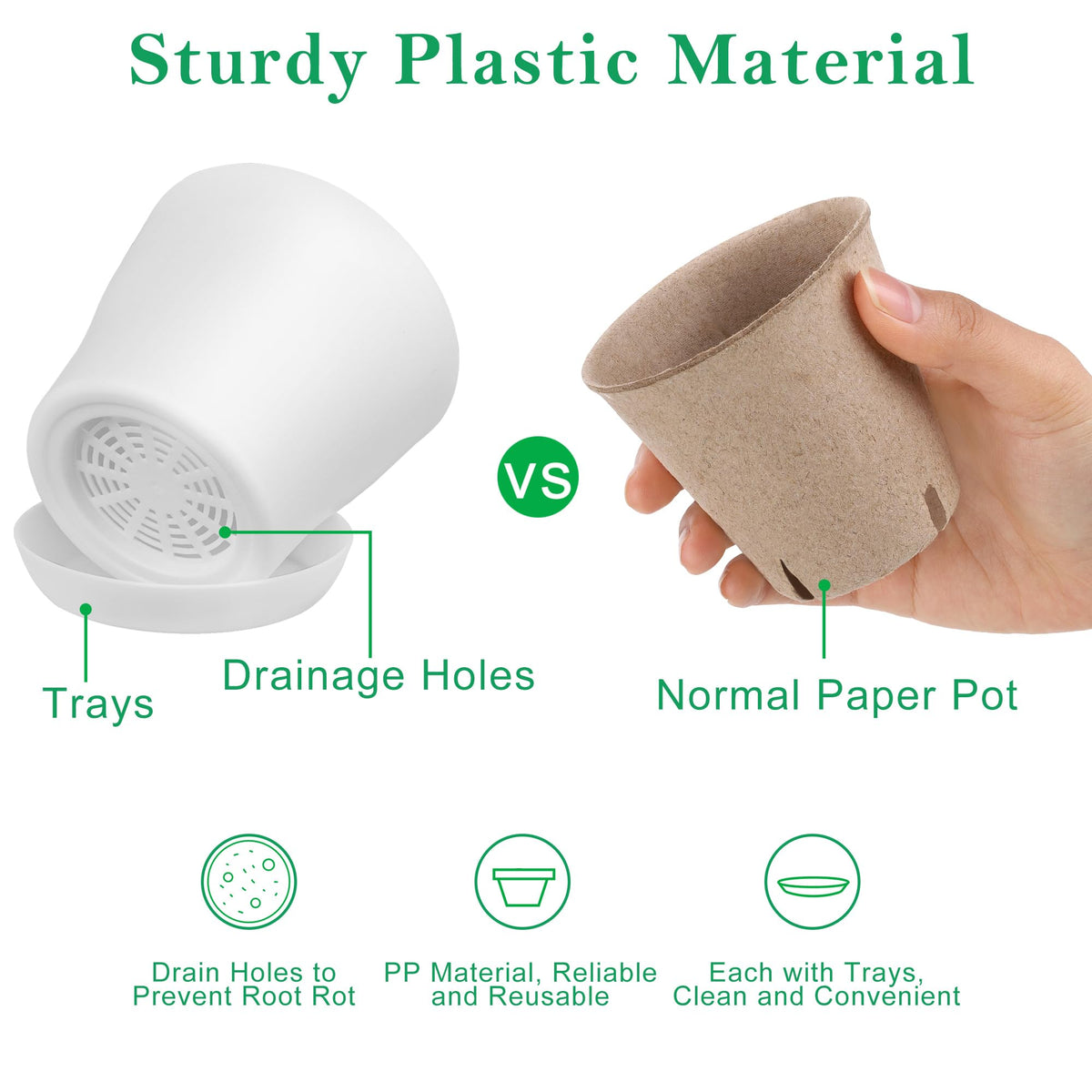 Elcoho plastic pots with trays provide durable, reusable growing containers.