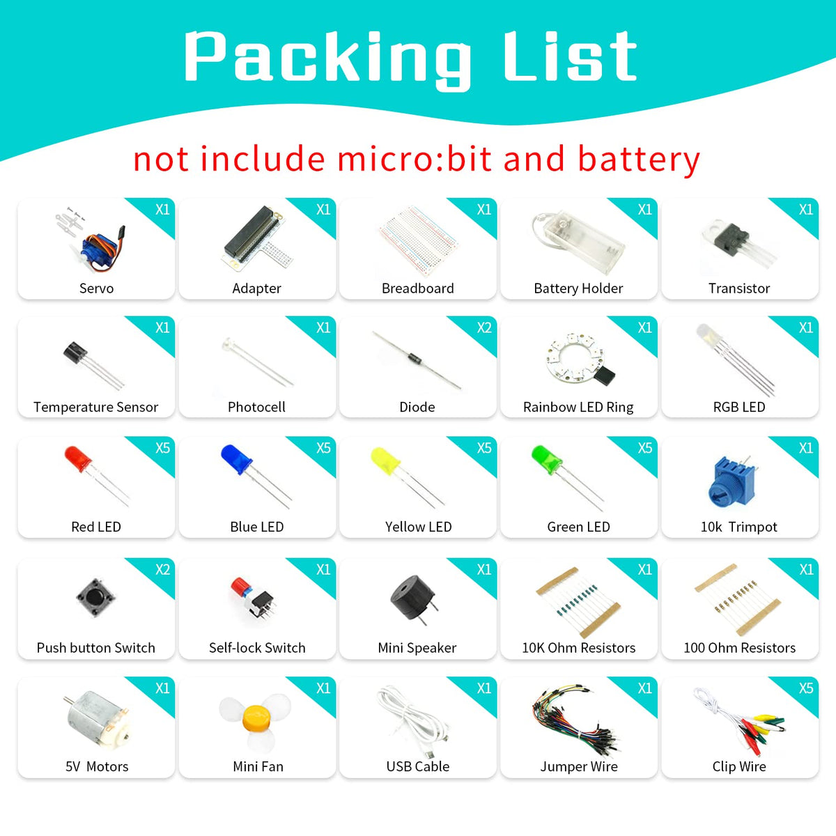 Elecfreaks Micro:bit Starter Kit components layout shows 24 parts for experiments.
