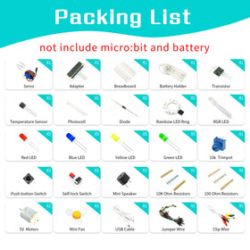 Elecfreaks Micro:bit Starter Kit components layout shows 24 parts for experiments.