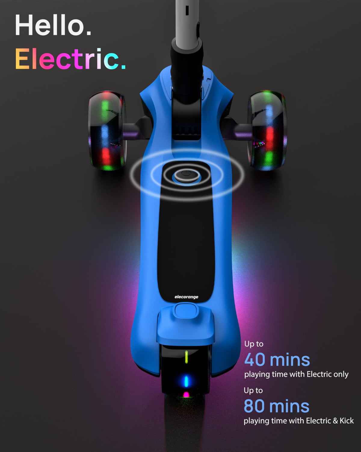 Elecorange scooter with LED deck lights for nighttime visibility.