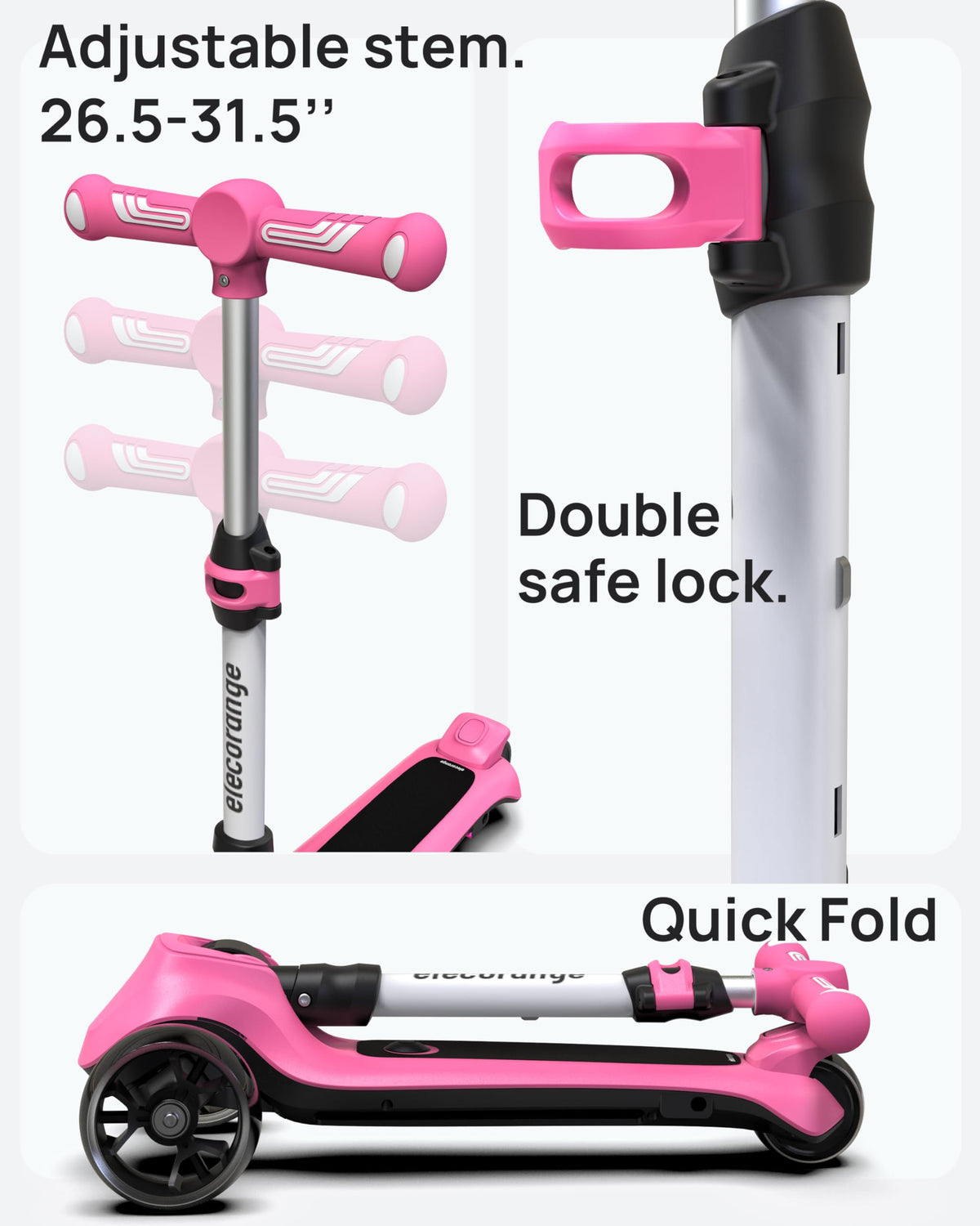 Wide anti-slip deck and three-wheel design support stable beginner riding.