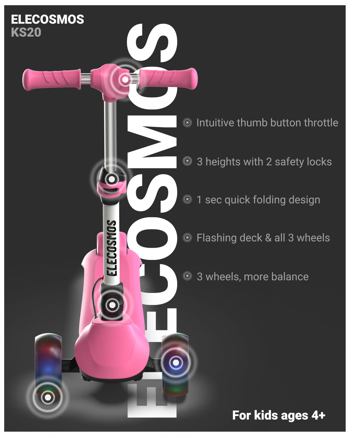 ELECOSMOS KS20 LED wheels close-up highlighting visibility