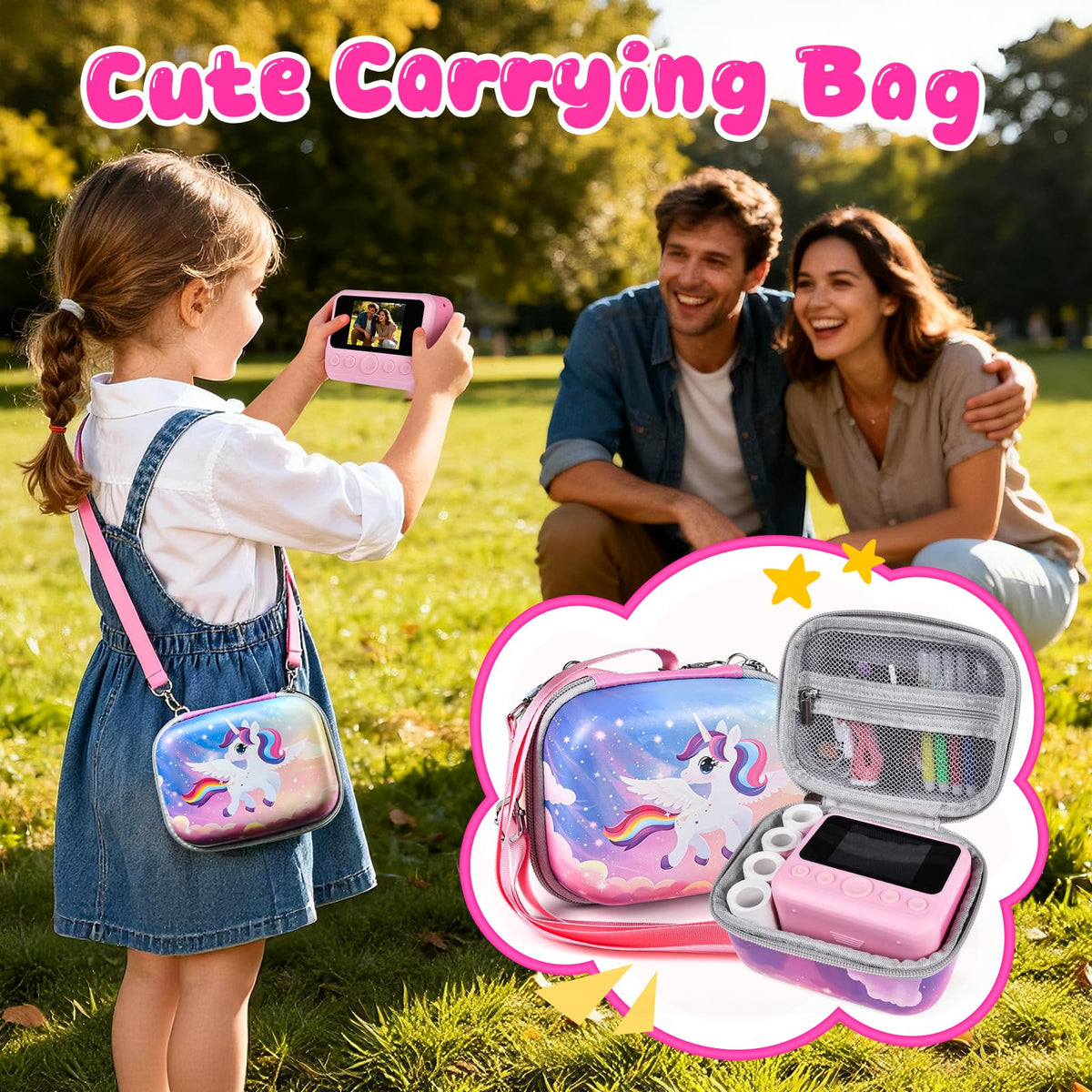 Elecoutek Kids Instant Camera showing four paper rolls and sticker roll for creative printing