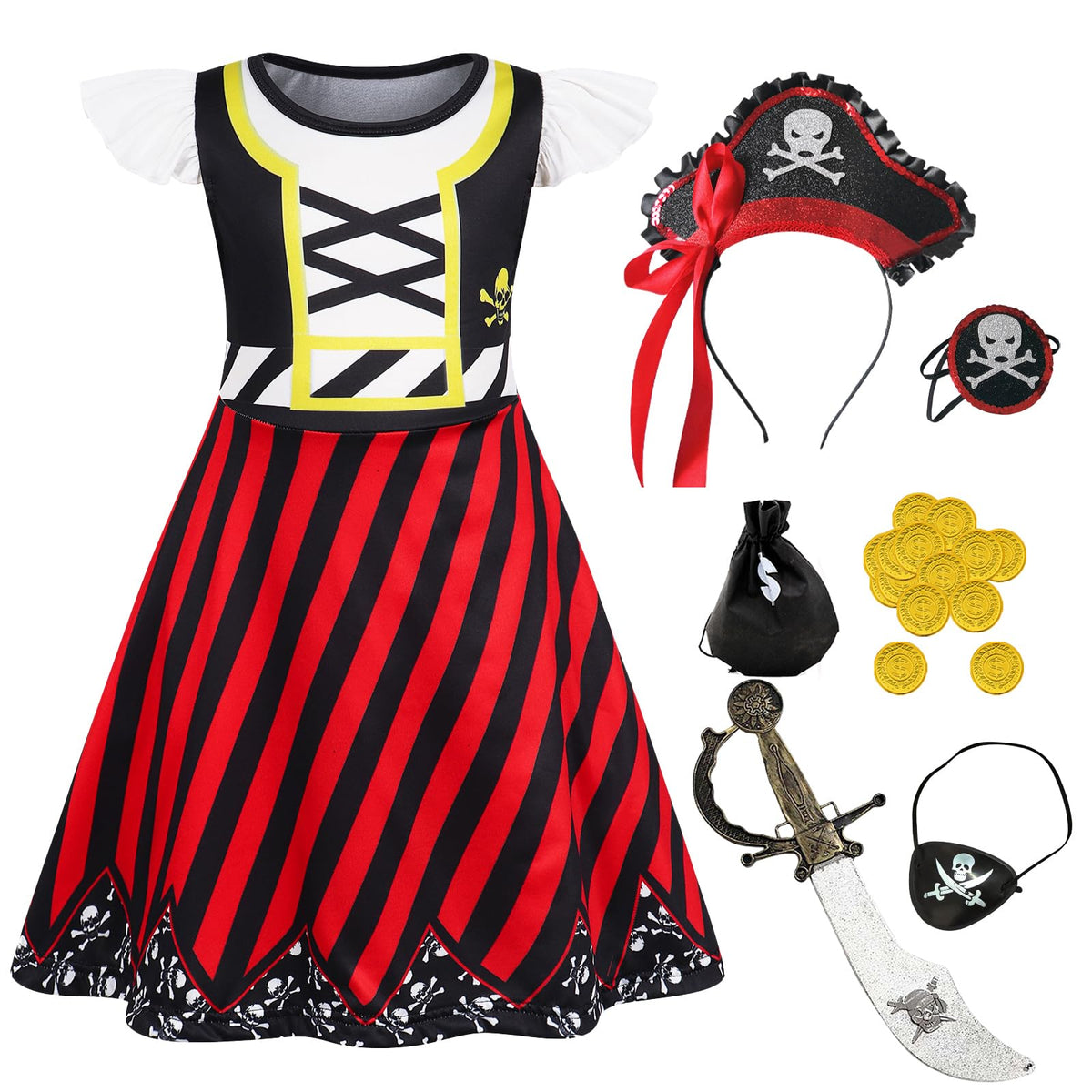 Eledobby pirate costume for girls, front view, easy pullover dress.