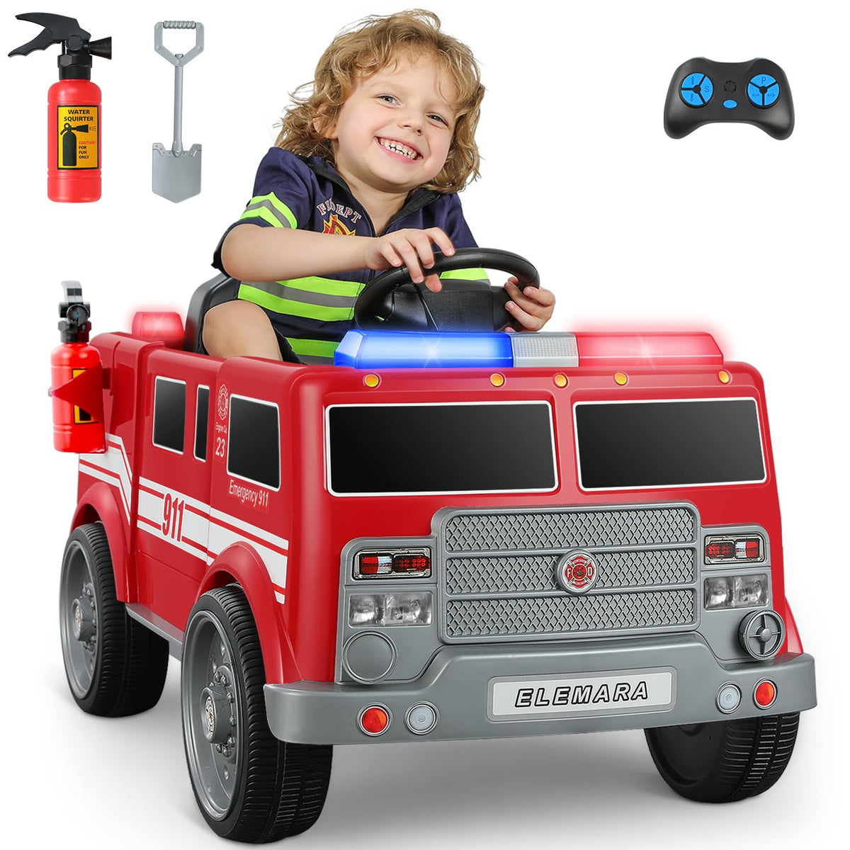 Elemara 12V fire truck front view for a safe, engaging ride.