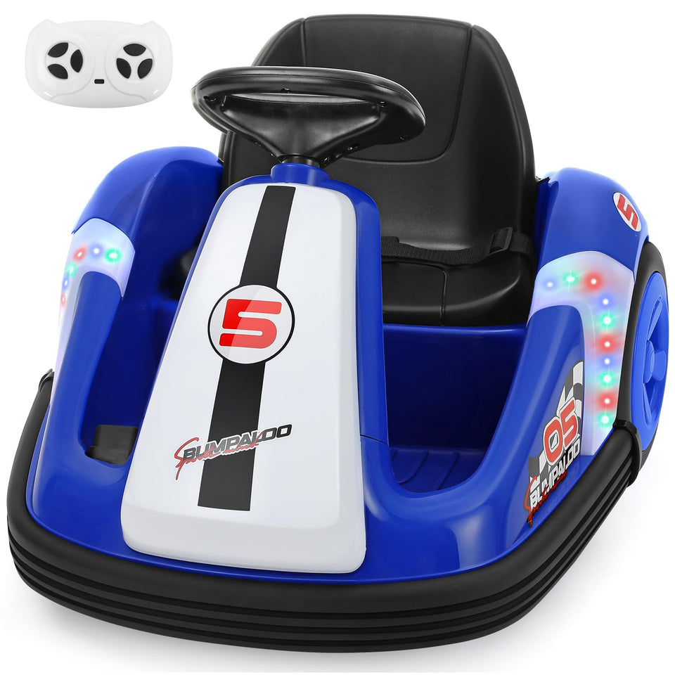 ELEMARA 12V bumper car in blue exterior for outdoor play and safe toddler thrills.