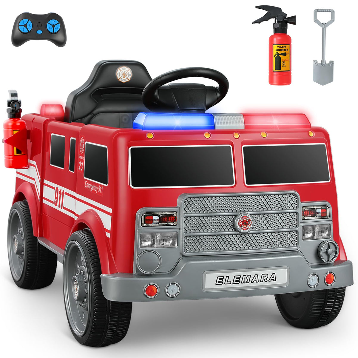Elemara 12V ride-on fire truck front view with parental remote for safe control.