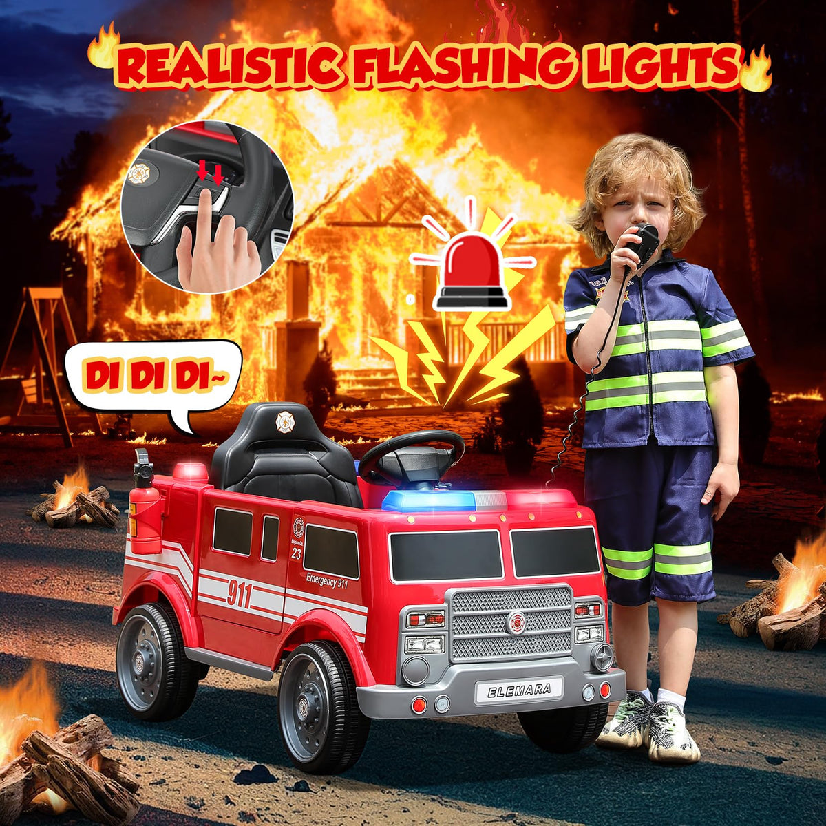 Elemara 12V ride-on fire truck side view showing rugged wheels for outdoor play.