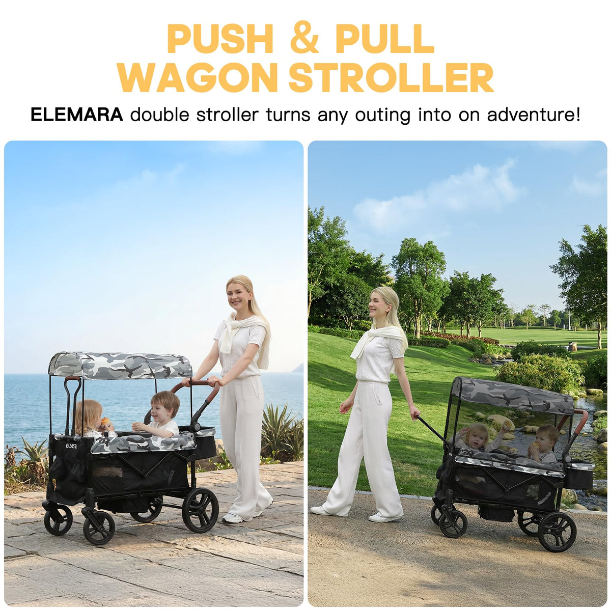 Elemara all-terrain stroller wagon front view highlights easy front access for kids