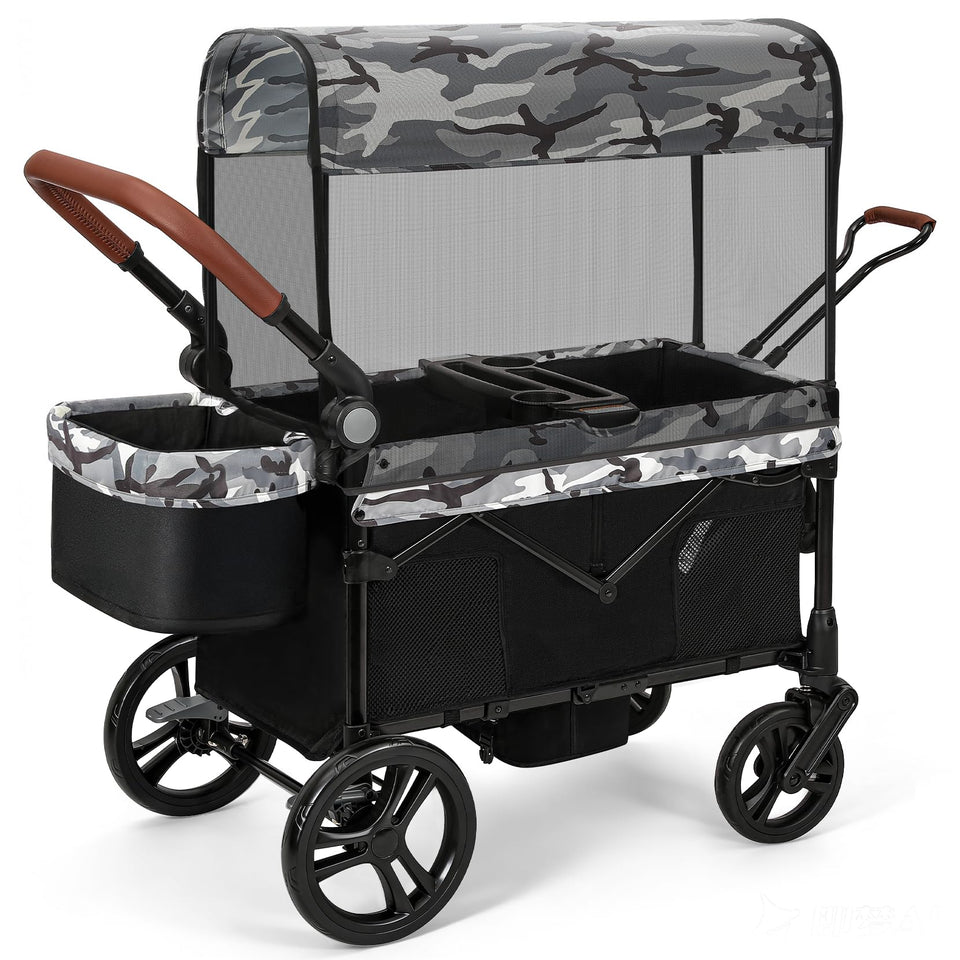 Elemara all-terrain stroller wagon side view shows two-seat layout for outdoor adventures