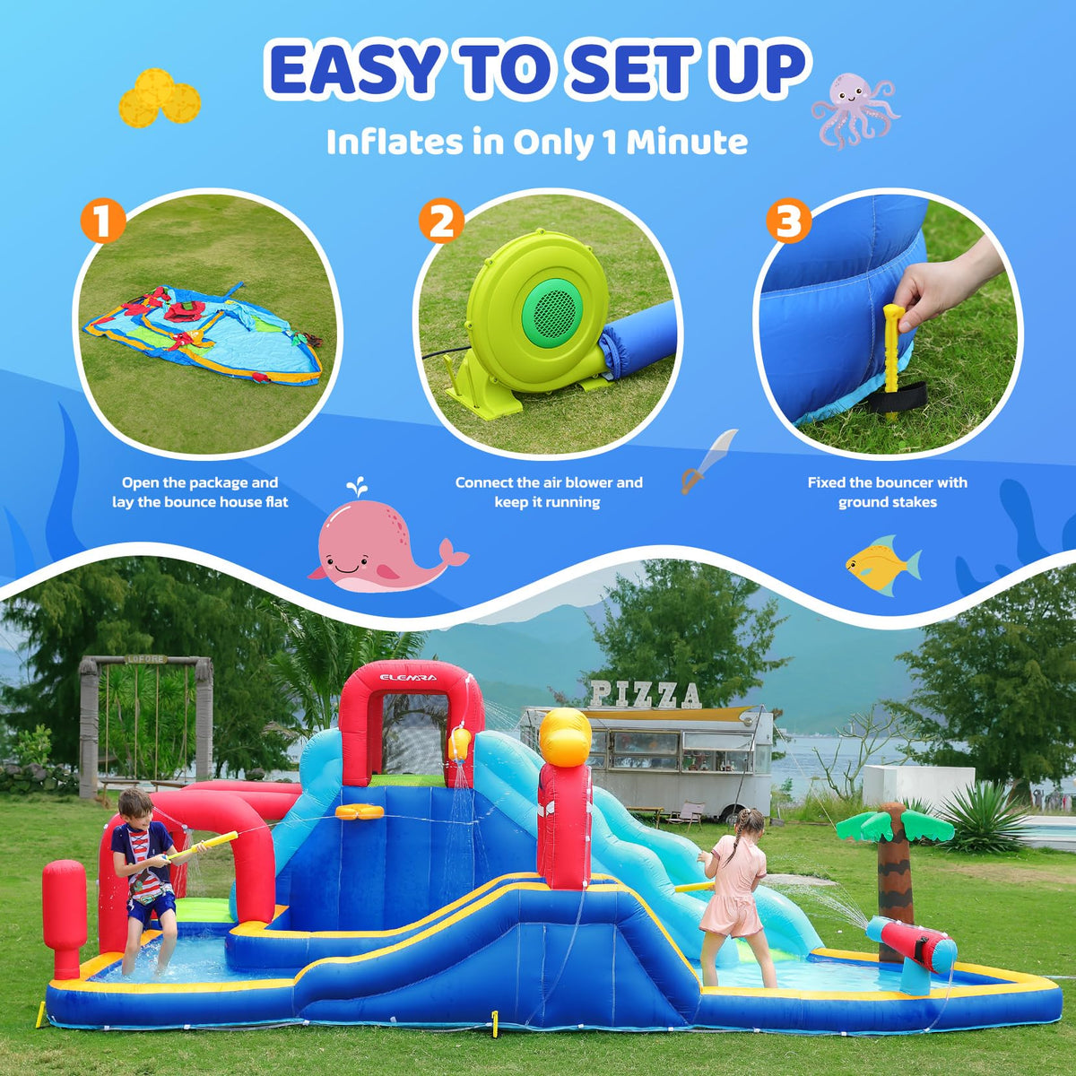 Lively backyard scene shows kids enjoying endless water games.