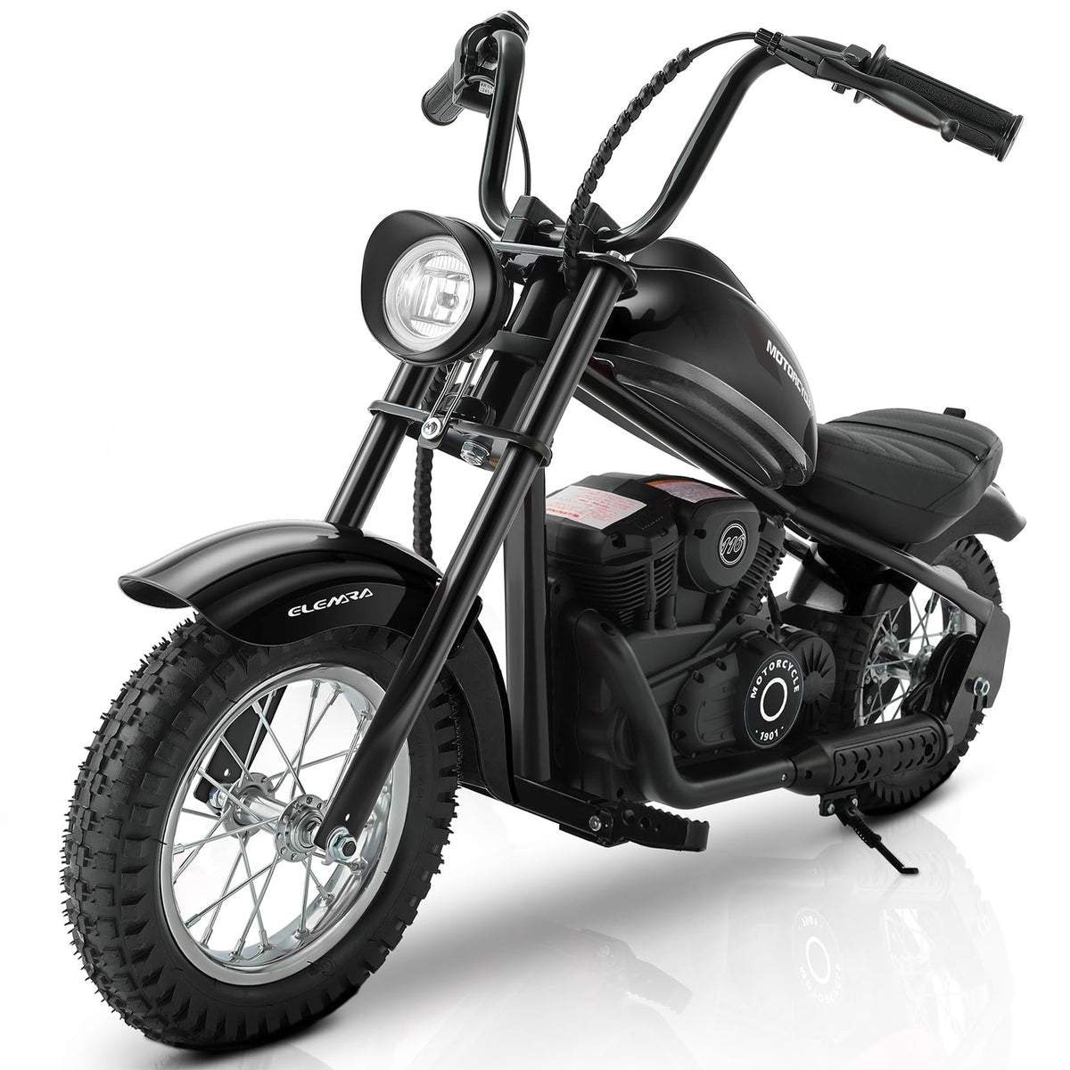 ELEMARA electric dirt bike front view with LED lights for nighttime visibility