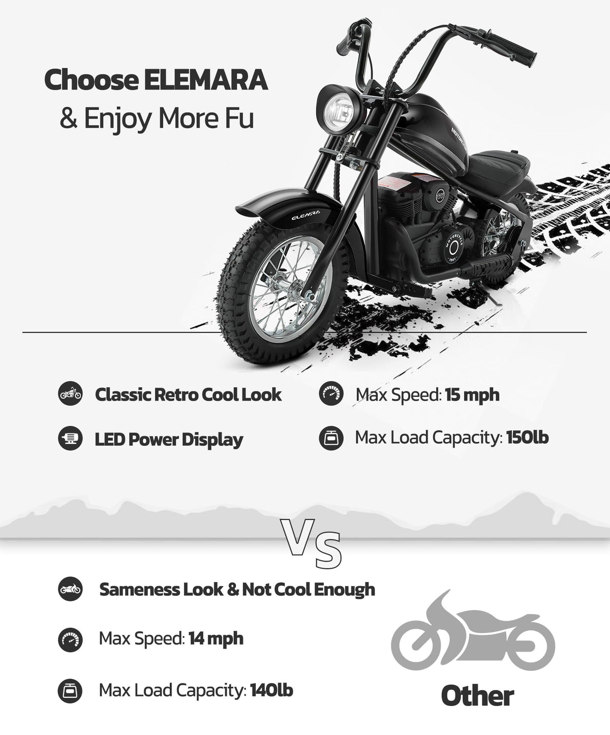 ELEMARA electric dirt bike rear view showing sturdy frame and safety brakes