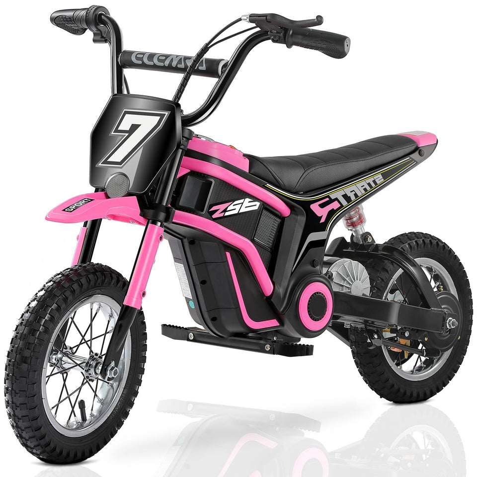 ELEMARA electric motorcycle for kids in pink, side view, ideal for neighborhood rides