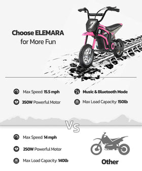 ELEMARA kids electric dirt bike pink seat with music for outdoor play