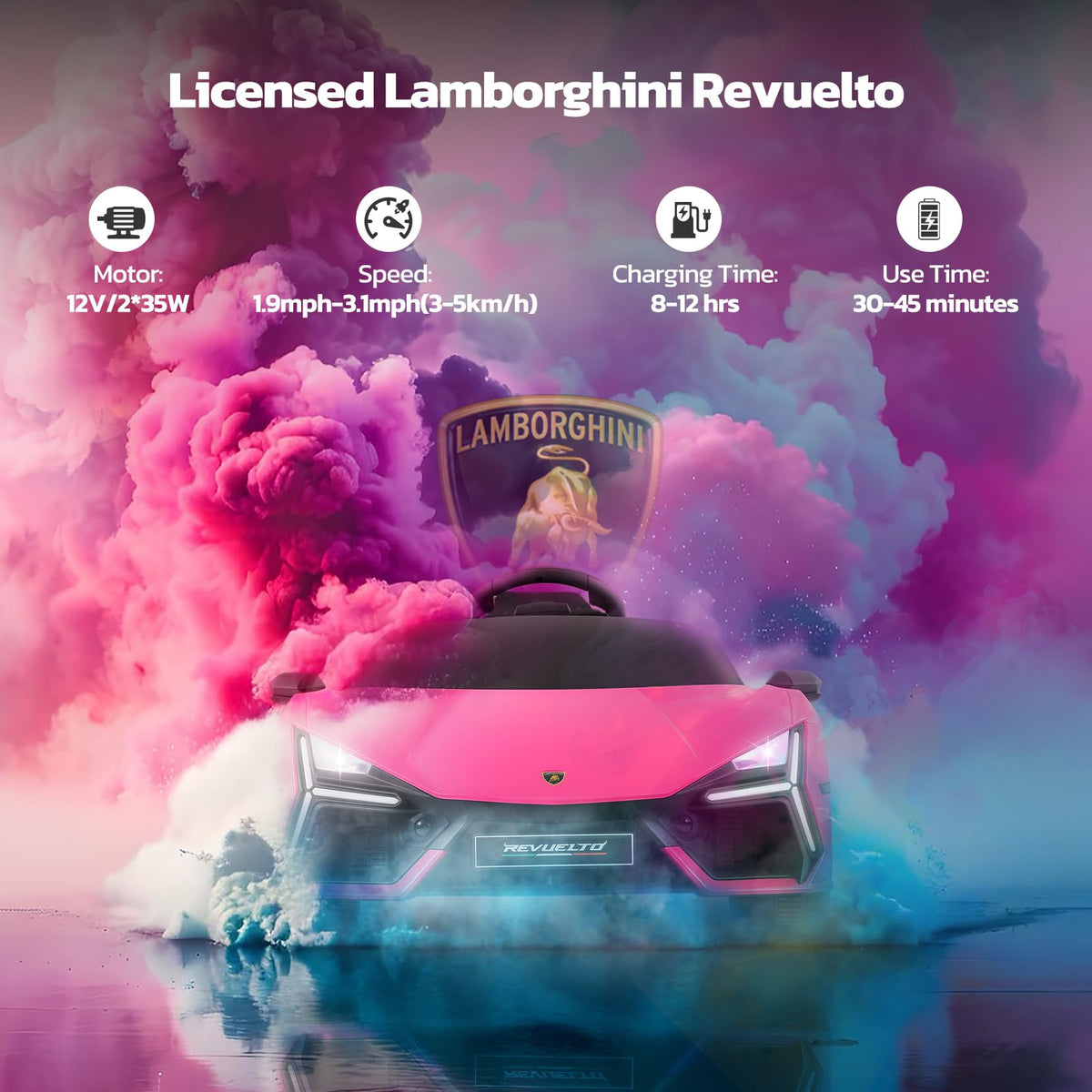 Elemara Lamborghini ride-on car with LED headlights improves visibility during evening play.