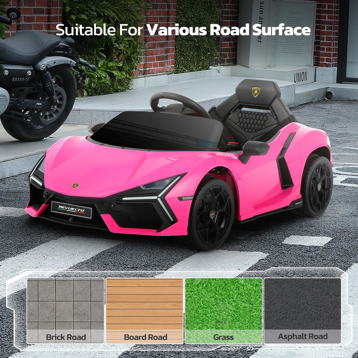 Elemara Lamborghini ride-on car wheels and chassis boost durability and smooth handling.
