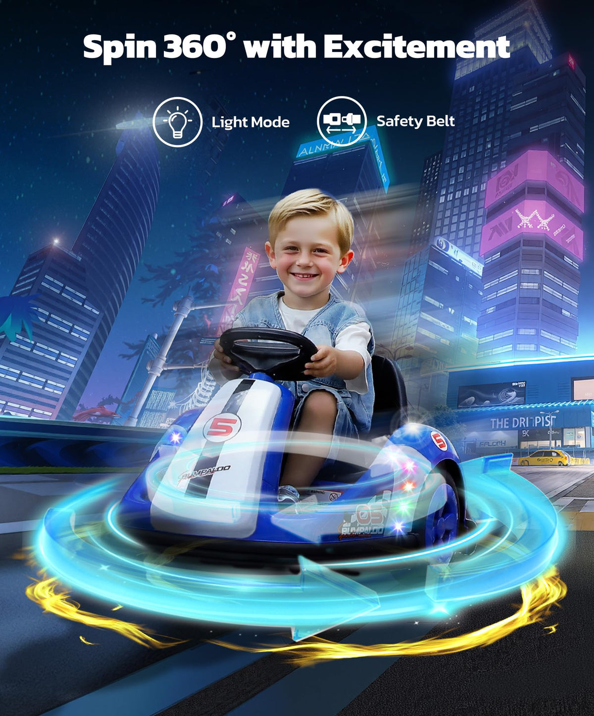 ELEMARA bumper car features Bluetooth music and LED lights for engaging rides.