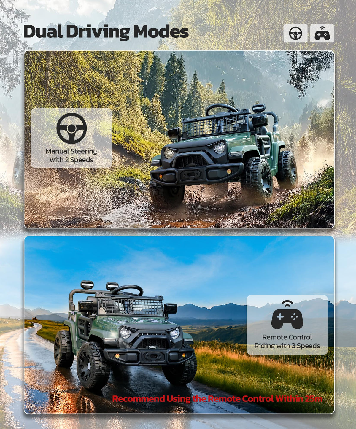 ELEMARA Ride On Car spring suspension smoothing rough terrain