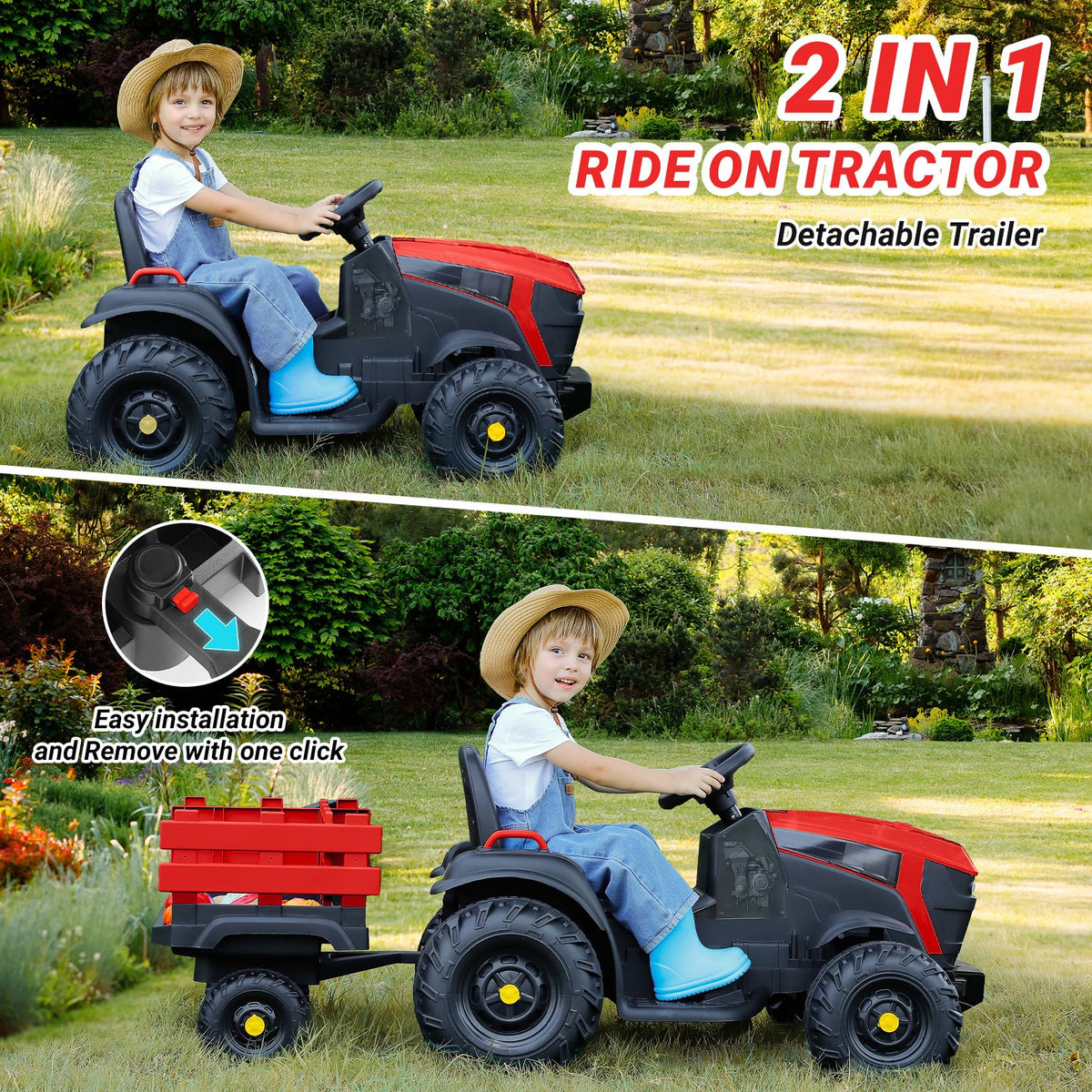 ELEMARA ride-on tractor side view with detachable trailer for transport