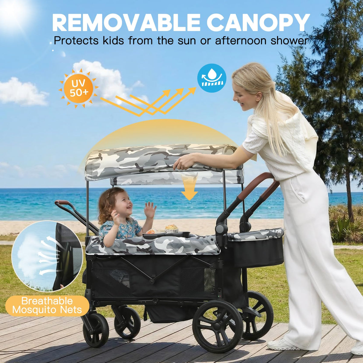 Elemara adjustable handle adapts to caregiver height for comfortable pushing