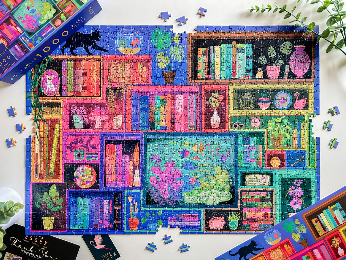 Elena Essex Colorful Books Cat Rainbow puzzle, engaging art for solo or group sessions