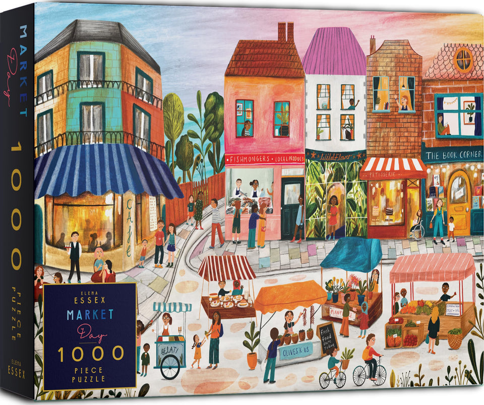Elena Essex Market Day puzzle cover shows a vibrant village market scene for peaceful evenings