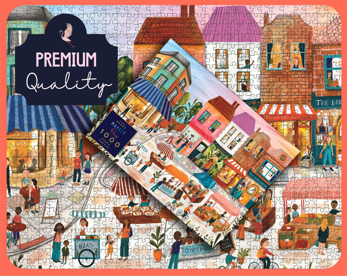 Elena Essex Market Day puzzle skyline shows sunlit shop fronts for family puzzle night