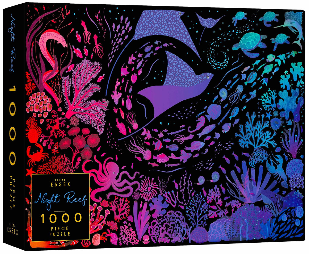 Elena Essex Night Reef puzzle assembly on table with vivid coral reef colors for relaxing evenings